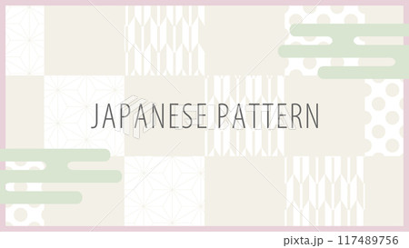 薄い色の霞文様と枠付き和柄パターン背景 117489756