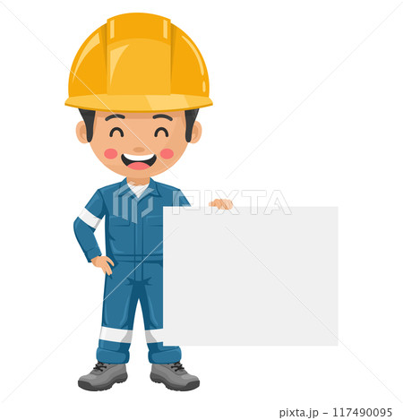 Industrial mechanic worker with his personal protective equipment holding a banner with space for text for advertising, presentations, brochures. Industrial safety and occupational health at work 117490095