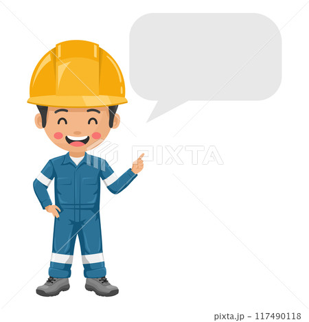Industrial mechanic worker with his personal protective equipment with dialog box vignette with copy space for text for advertising, brochures. Industrial safety and occupational health at work Industrial mechanic worker with his personal protective equipment with dialog box vignette with copy space for text for advertising, brochures. Industrial safety and occupational health at work 117490118
