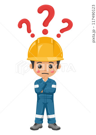 Industrial mechanic worker worker pensive and expressing doubt with question sign for FAQ concept. Engineer with his personal protective equipment. Industrial safety and occupational health at work 117490123