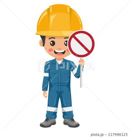 Industrial mechanic worker with prohibited sign making a stop sign. Engineer with his personal protective equipment. Safety first. Industrial safety and occupational health at work 117490125
