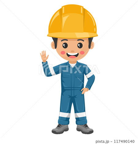 Industrial mechanical worker waving hello. Effective communication and collaboration in the food industry. Engineer with his coverall. Safety first. Industrial safety and occupational health at work 117490140