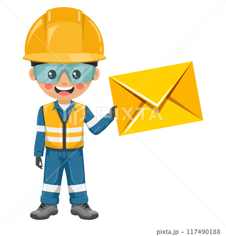 Industrial engineer with reflective safety vest, coverall and helmet with letter envelope for email. Concept of communication, notification and contact. Industrial safety and occupational health 117490188