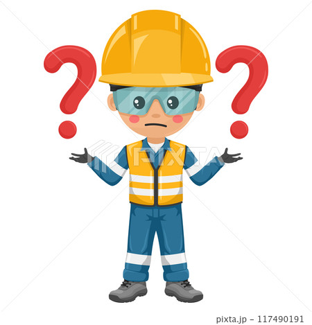 Industrial engineer with reflective safety vest and helmet with question sign for FAQ concept. Supervisor with his personal protective equipment. Industrial safety and occupational health at work 117490191