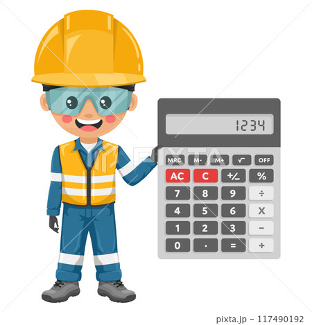 Industrial engineer with reflective safety vest and helmet with a calculator for financial analysis, accounting and budget calculation. Safety first. Industrial safety and occupational health at work Industrial engineer with reflective safety vest and helmet with a calculator for financial analysis, accounting and budget calculation. Safety first. Industrial safety and occupational health at work 117490192