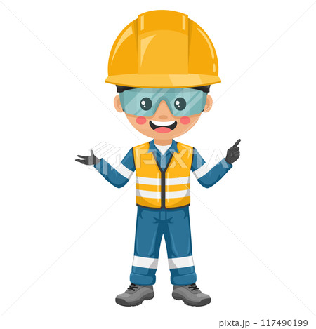 Industrial engineer dressed in reflective safety vest, coverall and helmet pointing his finger. Express an idea and indicate with the index finger. Industrial safety and occupational health at work Industrial engineer dressed in reflective safety vest, coverall and helmet pointing his finger. Express an idea and indicate with the index finger. Industrial safety and occupational health at work 117490199