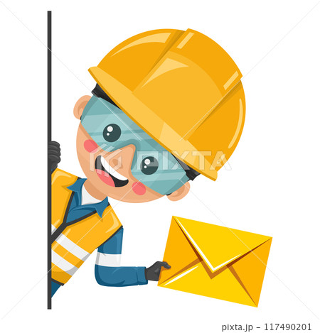 Industrial engineer with reflective vest peeking out from behind a wall with letter envelope for email. Concept of communication, notification and contact. Industrial safety and occupational health Industrial engineer with reflective vest peeking out from behind a wall with letter envelope for email. Concept of communication, notification and contact. Industrial safety and occupational health 117490201