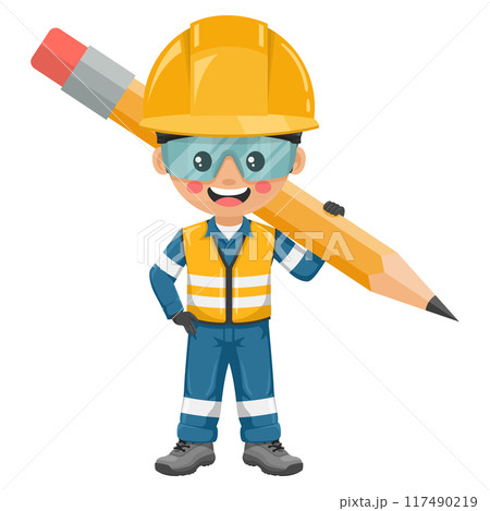 Industrial engineer worker with giant pencil. Creative concept for project management. Safety first. Engineer with his personal protective equipment. Industrial safety and occupational health at work Industrial engineer worker with giant pencil. Creative concept for project management. Safety first. Engineer with his personal protective equipment. Industrial safety and occupational health at work 117490219