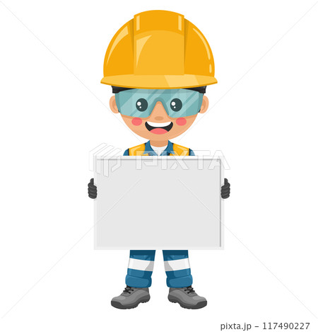 Industrial engineer with his personal protective equipment holding a whiteboard with space for text for advertising, presentations, brochures. Industrial safety and occupational health at work Industrial engineer with his personal protective equipment holding a whiteboard with space for text for advertising, presentations, brochures. Industrial safety and occupational health at work 117490227
