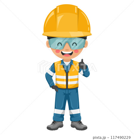 Industrial worker in blue industrial overalls with thumb up. Engineer with his personal protective equipment. Industrial safety and occupational health at work Industrial worker in blue industrial overalls with thumb up. Engineer with his personal protective equipment. Industrial safety and occupational health at work 117490229