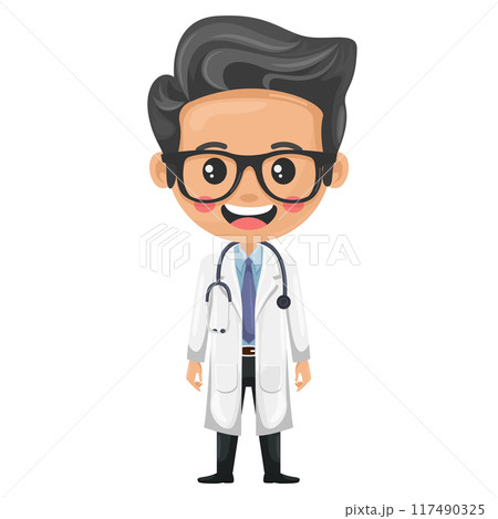 Doctor character cartoon with a stethoscope. Health and medicine concept. Health professional to perform a checkup or medical examination on a patient. Research, science and technology in health Doctor character cartoon with a stethoscope. Health and medicine concept. Health professional to perform a checkup or medical examination on a patient. Research, science and technology in health 117490325