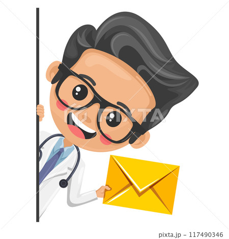Doctor cartoon peeking out from behind a wall with letter envelope for email. Concept of communication, notification, contact. Health and medicine concept. Research, science and technology in health 117490346