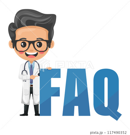Doctor character cartoon with a stethoscope with giant FAQ letters. Frequently asked questions concept. Health and medicine concept. Research, science and technology in health Doctor character cartoon with a stethoscope with giant FAQ letters. Frequently asked questions concept. Health and medicine concept. Research, science and technology in health 117490352