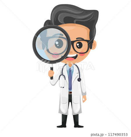 Doctor character cartoon with a stethoscope looking through a magnifying glass. Concept of medical study and research. Health and medicine concept. Research, science and technology in health Doctor character cartoon with a stethoscope looking through a magnifying glass. Concept of medical study and research. Health and medicine concept. Research, science and technology in health 117490353