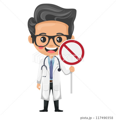 Cartoon of doctor holding a forbidden sign. Health and medicine concept. Health professional to perform a checkup or medical examination on a patient. Research, science and technology in health Cartoon of doctor holding a forbidden sign. Health and medicine concept. Health professional to perform a checkup or medical examination on a patient. Research, science and technology in health 117490358