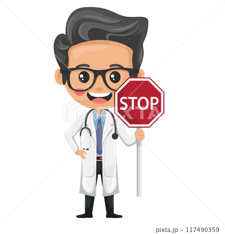 Cartoon of doctor character holding a stop sign. Health and medicine concept. Health professional to perform a checkup or medical examination on a patient. Research, science and technology in health Cartoon of doctor character holding a stop sign. Health and medicine concept. Health professional to perform a checkup or medical examination on a patient. Research, science and technology in health 117490359