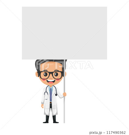 Cartoon of a doctor character holding a banner at a protest march or mobilization. Poster with space to copy and paste text. Health and medicine concept. Research, science and technology in health Cartoon of a doctor character holding a banner at a protest march or mobilization. Poster with space to copy and paste text. Health and medicine concept. Research, science and technology in health 117490362