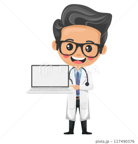 Doctor character cartoon with a laptop. Technology integration in medical practice. Digital tools to improve patient care, manage information and conduct research. Health and medicine concept Doctor character cartoon with a laptop. Technology integration in medical practice. Digital tools to improve patient care, manage information and conduct research. Health and medicine concept 117490376