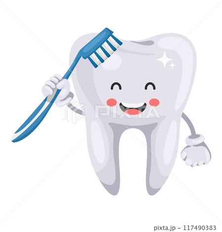 Cartoon of a tooth brushing with a toothbrush. Prevention, diagnosis and treatment of tooth and gum diseases. Dental hygiene and oral care. Tooth decay prevention. Health and medicine concept 117490383