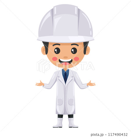 Quality control supervisor in food production line with open hands. Food industry engineer. Chief food safety engineer. Science, technology and safety in food production and processing Quality control supervisor in food production line with open hands. Food industry engineer. Chief food safety engineer. Science, technology and safety in food production and processing 117490432