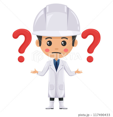 Quality control supervisor in food production line with giant question for FAQ concept. Food industry engineer. Chief food safety. Science, technology and safety in food production and processing 117490433