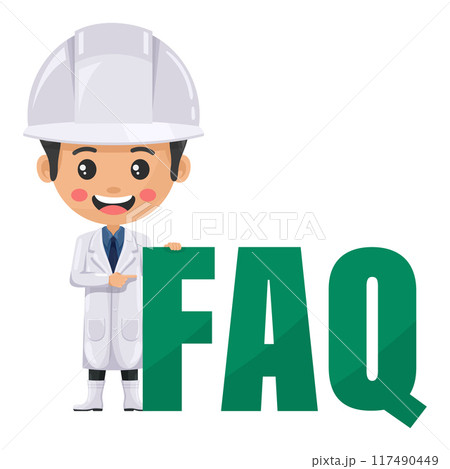 Quality control supervisor production line with giant FAQ letters, Frequently asked questions concept. Food industry engineer. Chief food safety engineer. Safety in food production and processing 117490449