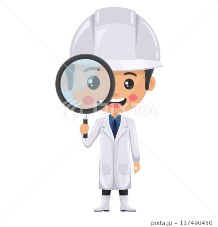 Quality control supervisor looking through a magnifying glass. Concept of food study and research. Food industry engineer. Chief food safety. Science, technology and safety in food production Quality control supervisor looking through a magnifying glass. Concept of food study and research. Food industry engineer. Chief food safety. Science, technology and safety in food production 117490450