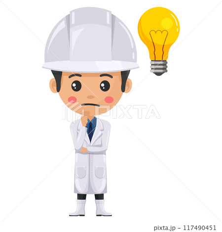 Quality control supervisor expressing doubt. Focus representing an idea. Question sign for FAQ concept. Food industry engineer. Chief food safety. Science, technology and safety in food production 117490451