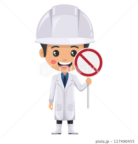 Quality control supervisor in food production line holding a forbidden sign. Food industry engineer. Chief food safety engineer. Science, technology and safety in food production and processing Quality control supervisor in food production line holding a forbidden sign. Food industry engineer. Chief food safety engineer. Science, technology and safety in food production and processing 117490455