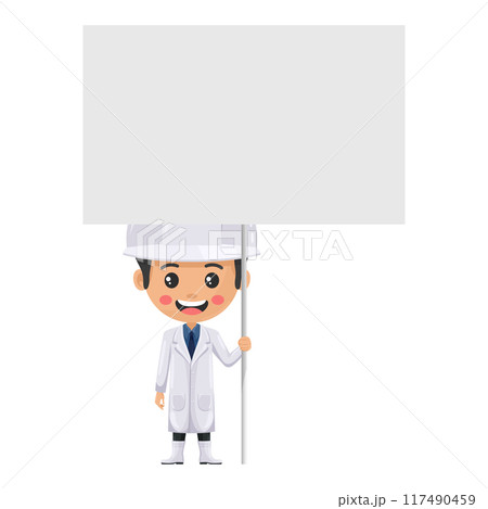 Quality control supervisor in food holding a banner at a protest march or mobilization. Poster with space to copy and paste text. Food industry engineer. Safety in food production and processing Quality control supervisor in food holding a banner at a protest march or mobilization. Poster with space to copy and paste text. Food industry engineer. Safety in food production and processing 117490459