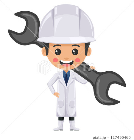 Quality control supervisor in food production line carrying a wrench. Agro-industrial engineer or food industry. Chief food safety. Science, technology and safety in food production and processing Quality control supervisor in food production line carrying a wrench. Agro-industrial engineer or food industry. Chief food safety. Science, technology and safety in food production and processing 117490460