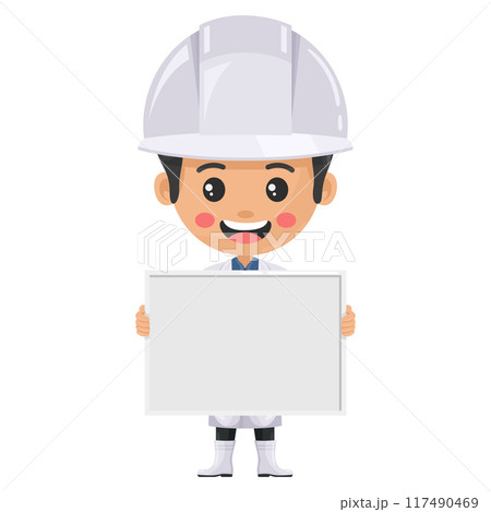 Quality control supervisor holding a whiteboard with space for text, advertising, presentations, brochures . Food industry engineer. Science, technology and safety in food production and processing Quality control supervisor holding a whiteboard with space for text, advertising, presentations, brochures . Food industry engineer. Science, technology and safety in food production and processing 117490469