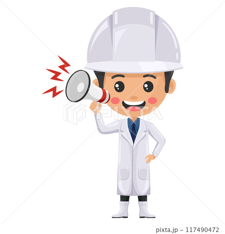 Quality control supervisor in food production line making an announcement with a megaphone. The importance of clear and effective communication in food industry. Food industry engineer 117490472