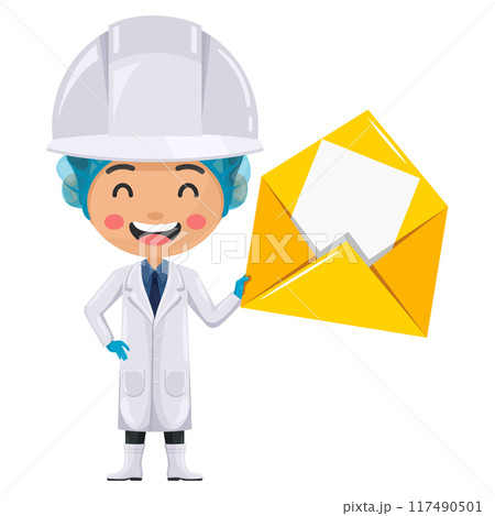 Quality control supervisor with open letter envelope for email. Food industry engineer. Concept of notification and contact. Chief food safety engineer. Safety in food production and processing 117490501