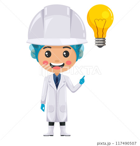 Quality control supervisor with a light bulb. Food industry engineer. Creative concept for the generation of ideas. Chief food safety engineer. Science, technology and safety in food production 117490507