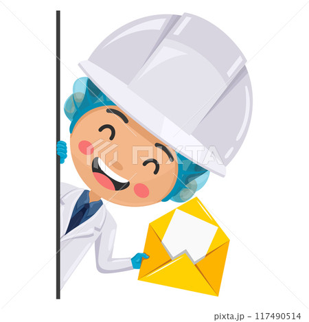 Quality control supervisor out from behind a wall with letter envelope for email. Concept of communication, notification, contact. Food industry engineer. Chief food safety. Safety in food production Quality control supervisor out from behind a wall with letter envelope for email. Concept of communication, notification, contact. Food industry engineer. Chief food safety. Safety in food production 117490514