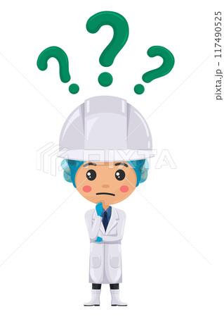 Quality control supervisor expressing doubt, uncertainty with a question mark. Question mark for FAQ concept. Food industry engineer. Chief food safety.Technology and safety in food production 117490525