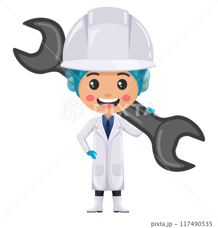 Quality control supervisor in food production line carrying a wrench. Agro-industrial engineer or food industry. Chief food safety. Science, technology and safety in food production and processing Quality control supervisor in food production line carrying a wrench. Agro-industrial engineer or food industry. Chief food safety. Science, technology and safety in food production and processing 117490535
