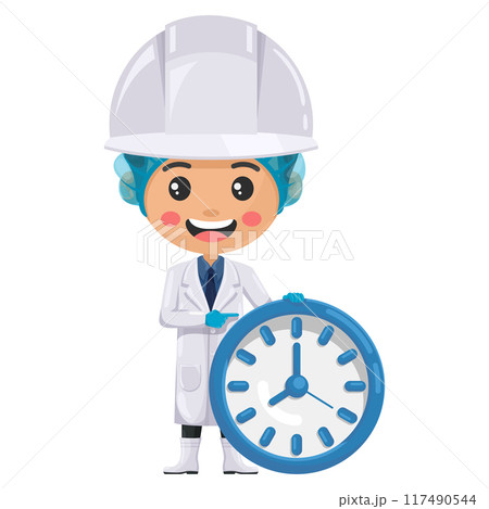 Quality control supervisor with watch. Time management and efficiency concept in the food industry. Food industry engineer. Chief food safety. Safety in food production and processing Quality control supervisor with watch. Time management and efficiency concept in the food industry. Food industry engineer. Chief food safety. Safety in food production and processing 117490544