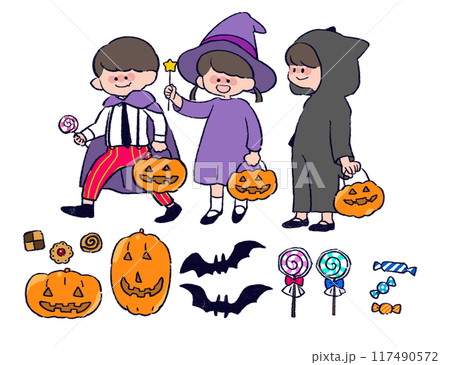 絵本タッチの子どもたちと楽しむハロウィンセット 117490572