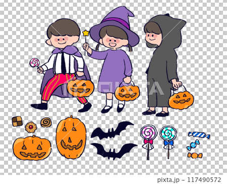 絵本タッチの子どもたちと楽しむハロウィンセット 117490572