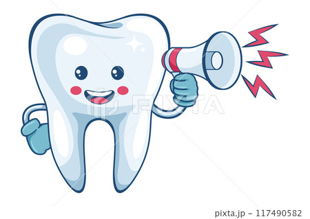 Cartoon of a tooth character making an announcement with a megaphone. Prevention, diagnosis and treatment of tooth and gum diseases. Dental hygiene and oral care. Tooth decay prevention Cartoon of a tooth character making an announcement with a megaphone. Prevention, diagnosis and treatment of tooth and gum diseases. Dental hygiene and oral care. Tooth decay prevention 117490582