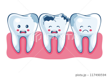 Sad rotten and decayed teeth cartoon character. Prevention and treatment of tooth and gum diseases. Dental hygiene and oral care. Tooth decay prevention. Health and medicine concept 117490594