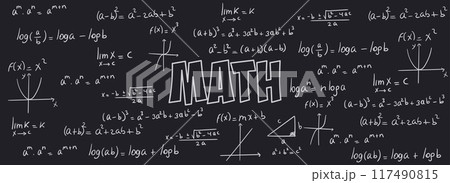 Math exercises, formulas and equations for calculus, algebra with black background. School and university notes, functions, potentiation, logarithms, notable products Math exercises, formulas and equations for calculus, algebra with black background. School and university notes, functions, potentiation, logarithms, notable products 117490815