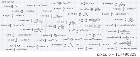 School and university notes on exercises, logarithmic, derivative, trigonometric, logarithmic, hyperbolic and inverse equations and formulas on graph paper background 117490829