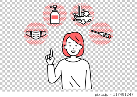 一位休閒女士介紹四項預防感染措施(口罩、消毒液、洗手、測溫) 一位休閒女士介紹四項預防感染措施(口罩、消毒液、洗手、測溫) 117491247