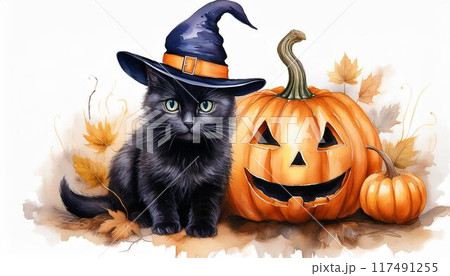 水彩画のハロウィーンのカボチャと黒猫と魔女の帽子 水彩画のハロウィーンのカボチャと黒猫と魔女の帽子 117491255