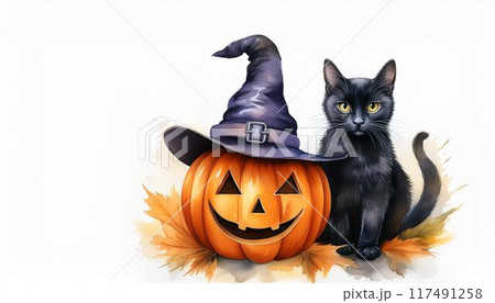 水彩画のハロウィーンのカボチャと黒猫と魔女の帽子 水彩画のハロウィーンのカボチャと黒猫と魔女の帽子 117491258