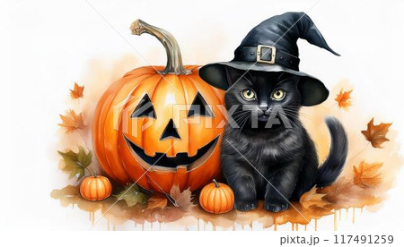 水彩画のハロウィーンのカボチャと黒猫と魔女の帽子 水彩画のハロウィーンのカボチャと黒猫と魔女の帽子 117491259