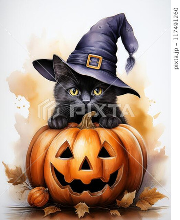 水彩画のハロウィーンのカボチャと黒猫と魔女の帽子 水彩画のハロウィーンのカボチャと黒猫と魔女の帽子 117491260